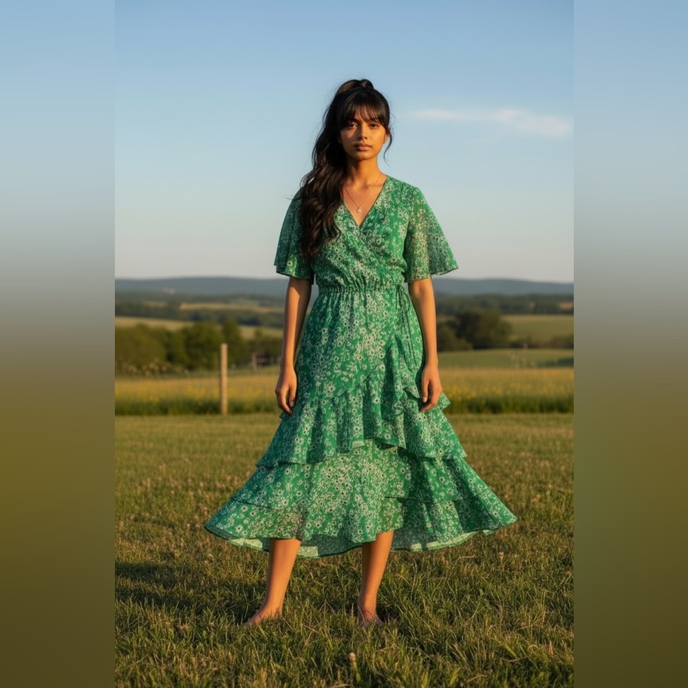Sandra Darren Green Floral Casual Dress